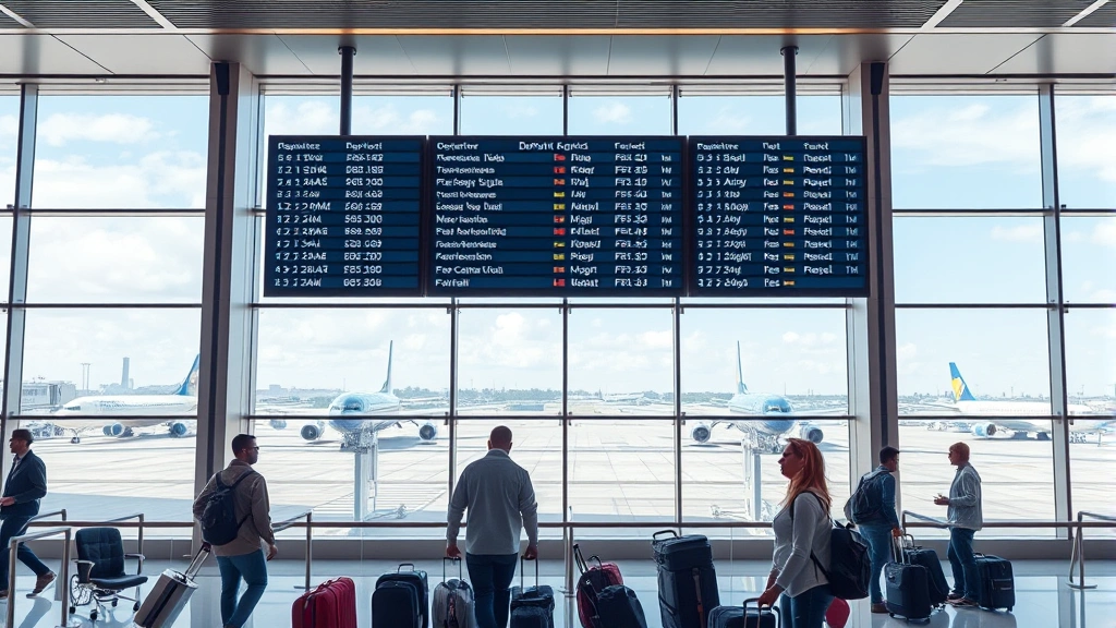 Modern airport terminal interior showing departure board with flight information, travelers checking bags, and large windows with planes outside, professional setting, photorealistic