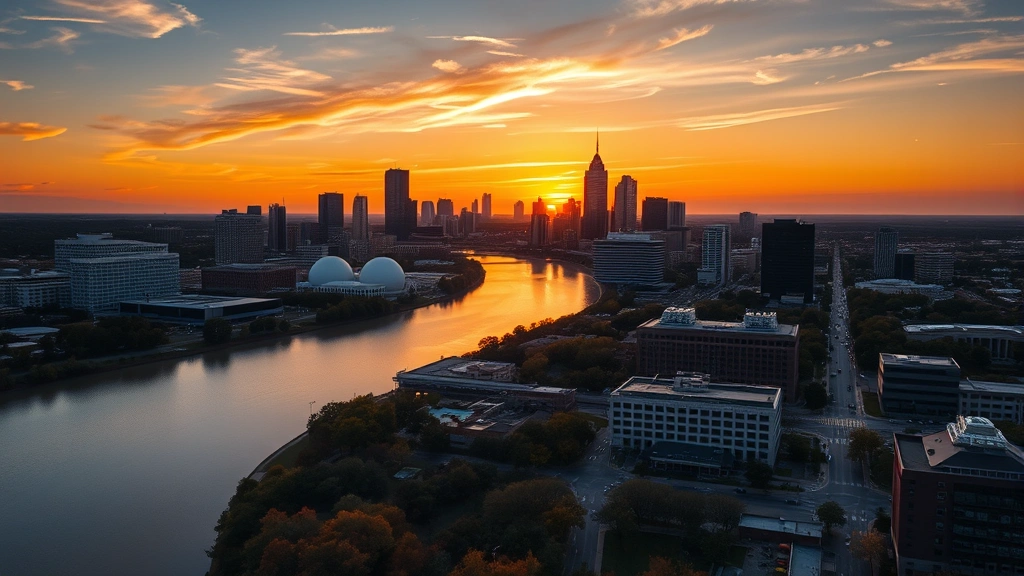 Aerial view of Austin skyline at sunset with Colorado River reflecting golden light, downtown skyscrapers visible, vibrant Texas landscape