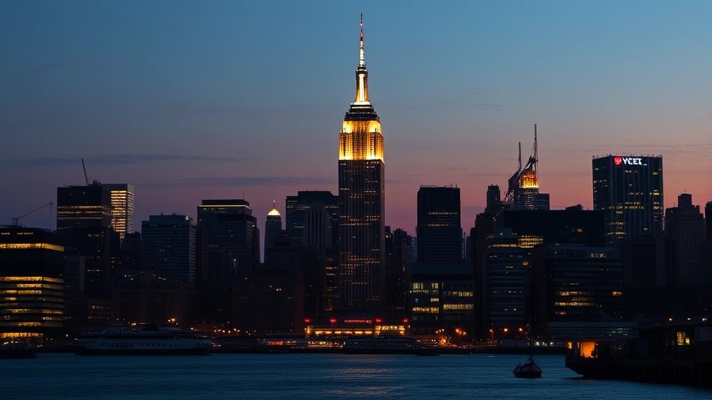 Manhattan skyline at dusk with Empire State Building illuminated, Hudson River in foreground, bustling NYC energy and iconic architecture