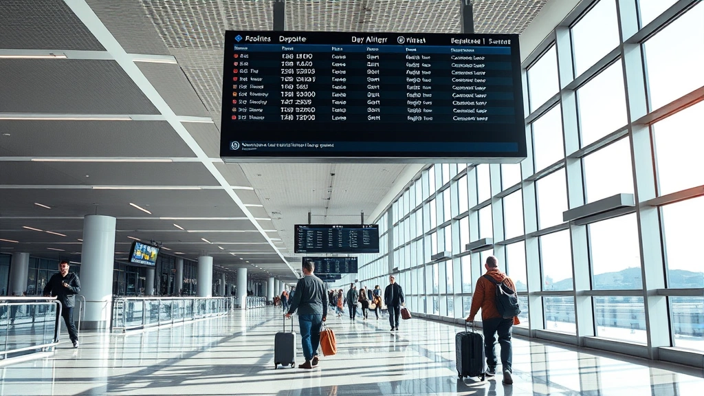 Modern airport terminal interior with departure board, travelers with luggage moving through corridor, bright natural light from windows, contemporary design