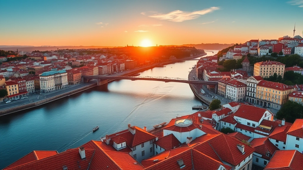 Aerial view of Porto's colorful riverside buildings and Dom Luís Bridge at golden hour with Douro River flowing beneath, vibrant terracotta rooftops and blue water