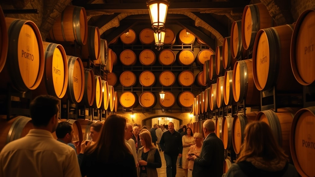 Cozy interior of Porto wine cellar with wooden barrels stacked high, warm candlelight, traditional Portuguese aesthetic, tourists tasting wine