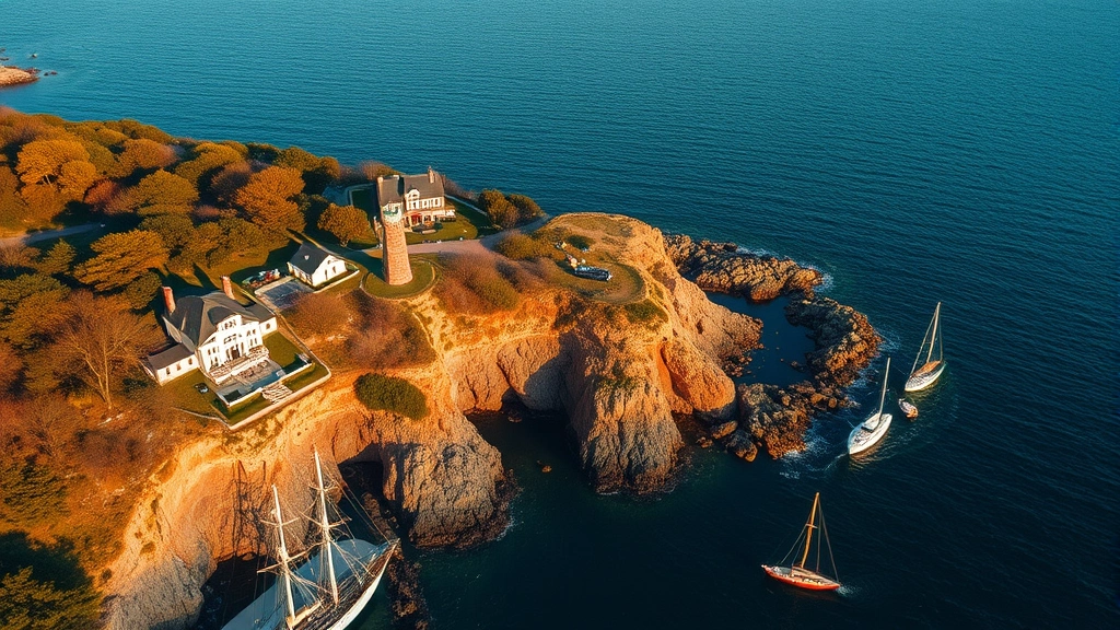 Aerial view of Newport Rhode Island coastline with mansions visible along rocky cliffs, sailboats in harbor below, golden hour sunlight, photorealistic travel photography