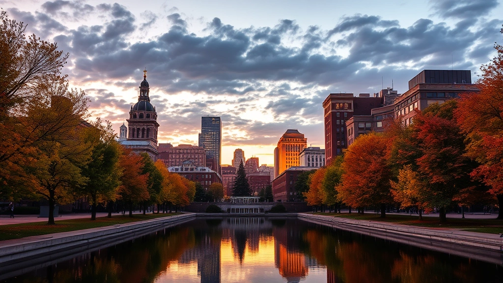 Providence downtown skyline reflected in WaterPlace Park at sunset, historic buildings illuminated, tree-lined walkways, vibrant New England autumn foliage, no text visible