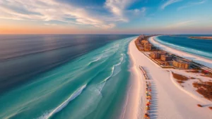 Aerial view of pristine white-sand Rosemary Beach with turquoise gulf waters, colorful beach umbrellas, and coastal architecture at sunset, photorealistic travel photography