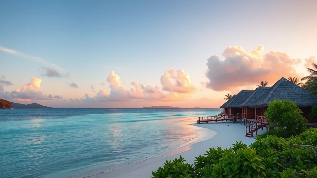 Pristine turquoise lagoon with traditional Samoan fale bungalows on white sand beach, sunset lighting, no people, photorealistic tropical paradise
