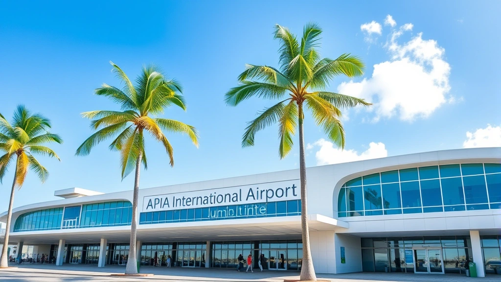 Apia International Airport terminal building with palm trees, modern architecture, clear blue sky, daytime, no crowds, clean professional setting