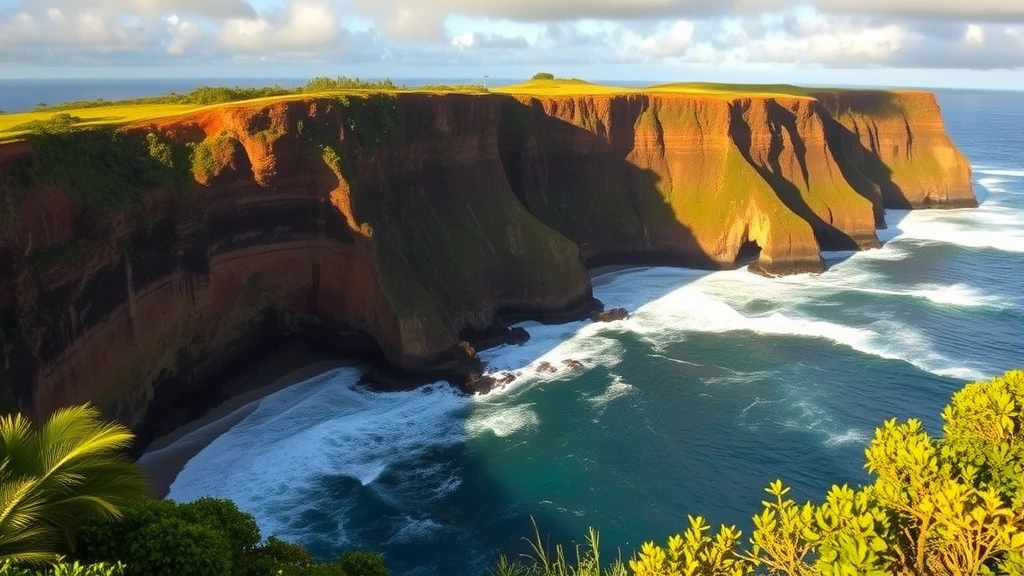 Dramatic coastal cliffs of Savai'i Island with crashing waves, lush green vegetation, golden sunlight, panoramic view, no text or signs visible