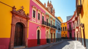 Colorful colonial buildings with ornate baroque architecture in San Luis Potosi's historic center, vibrant pink and yellow facades under bright sunlight, narrow cobblestone street with traditional Mexican charm