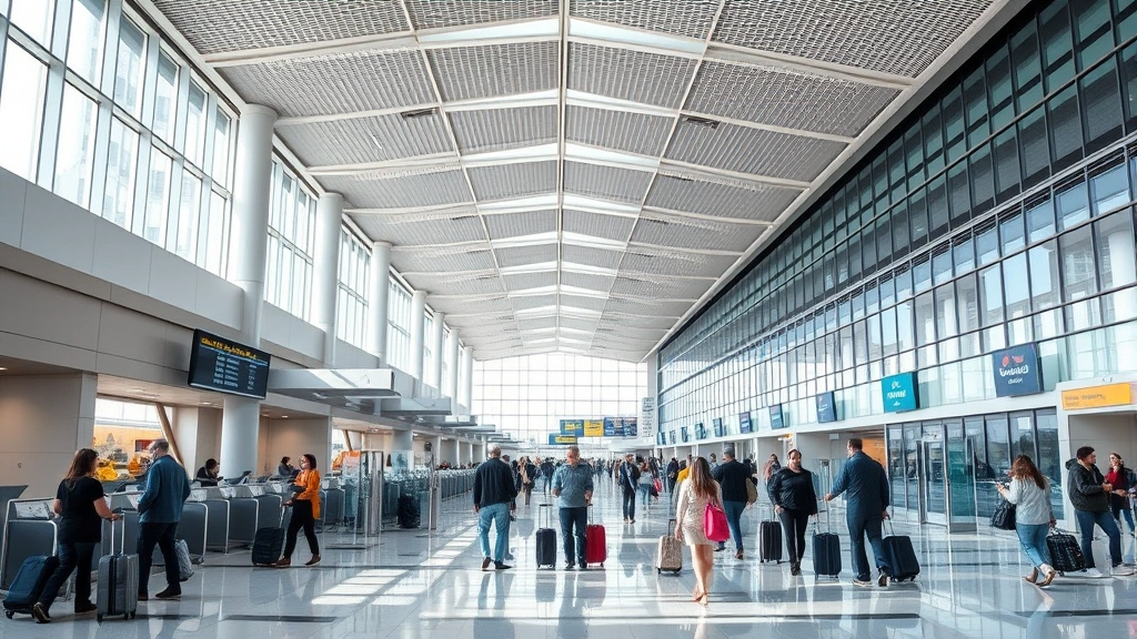 Modern airport terminal interior with check-in counters and travelers with luggage, contemporary architecture with natural lighting, busy but organized departure hall