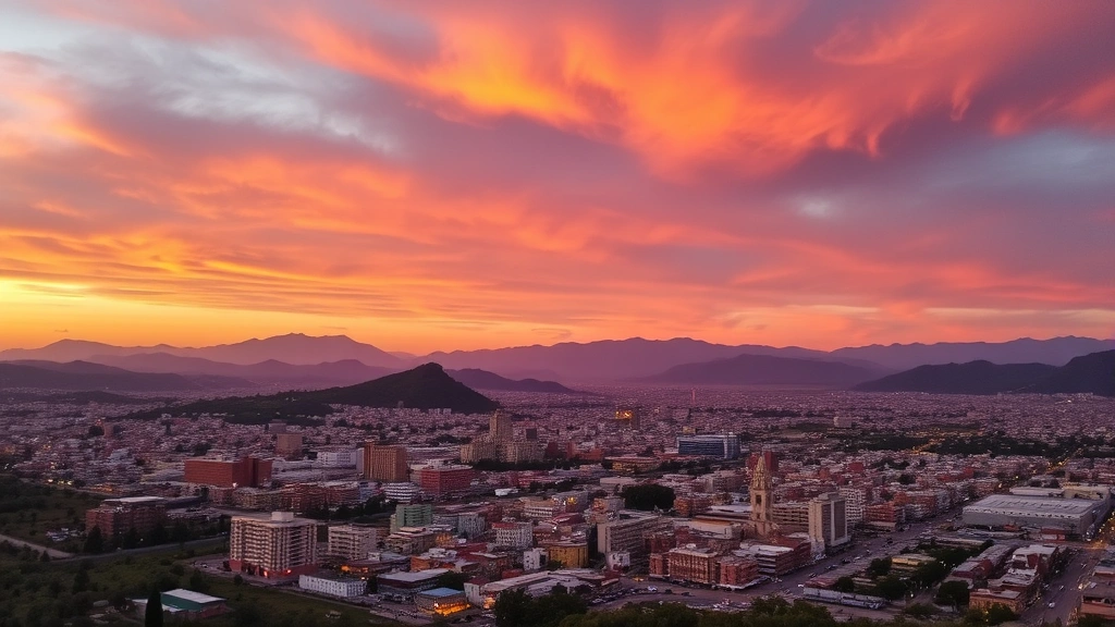 Aerial view of San Luis Potosi cityscape at golden hour sunset, sprawling city nestled in highlands surrounded by mountains, warm orange and purple sky reflecting off buildings