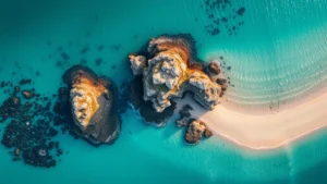 Aerial view of turquoise Mediterranean waters meeting white sand beaches on Sardinia's Costa Smeralda coastline, dramatic rocky outcrops, crystal clear shallow waters, sunset golden hour lighting, photorealistic travel photography