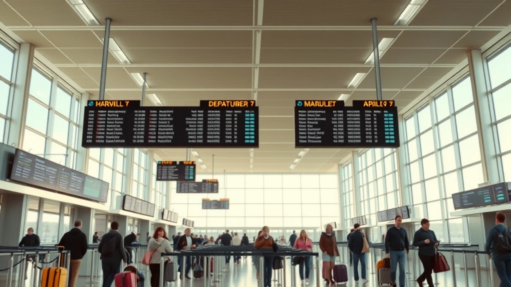 Modern airport terminal interior with departure boards, travelers with luggage at check-in counters, natural daylight from large windows, busy but organized atmosphere, photorealistic airport environment