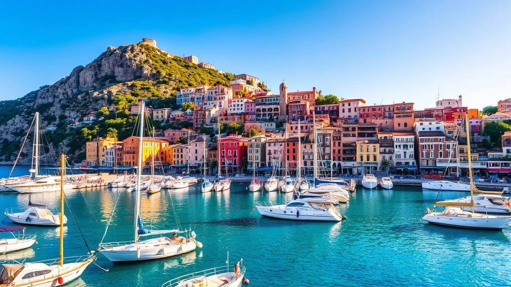 Scenic coastal town of Porto Cervo in Sardinia with colorful Mediterranean-style buildings, yachts in crystal blue harbor, steep hillside architecture, golden afternoon sunlight, vibrant travel destination photography