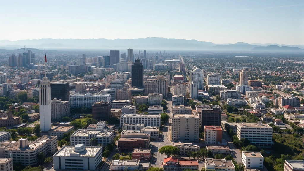 Aerial view of Tijuana cityscape with downtown buildings, border fence visible, Mexican flag, mountains in distance, daytime clear weather