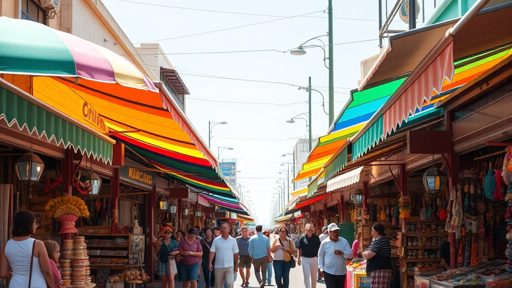 Colorful Tijuana street market with vendors and tourists exploring traditional Mexican crafts and souvenirs under vibrant awnings, daytime street-level view