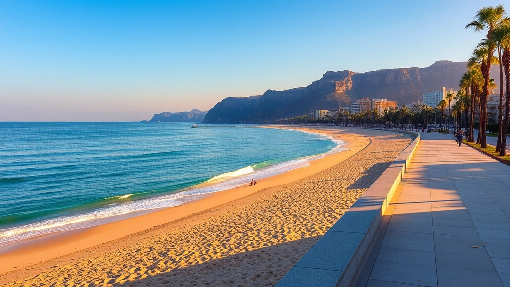 Scenic beachfront promenade in Tijuana with golden sand, turquoise Pacific waters, palm trees lining shore, distant cliffs under clear blue sky at sunset
