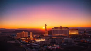Aerial view of Las Vegas Strip at sunset with bright neon lights and desert landscape, showing the Bellagio fountains and surrounding casinos, professional photography