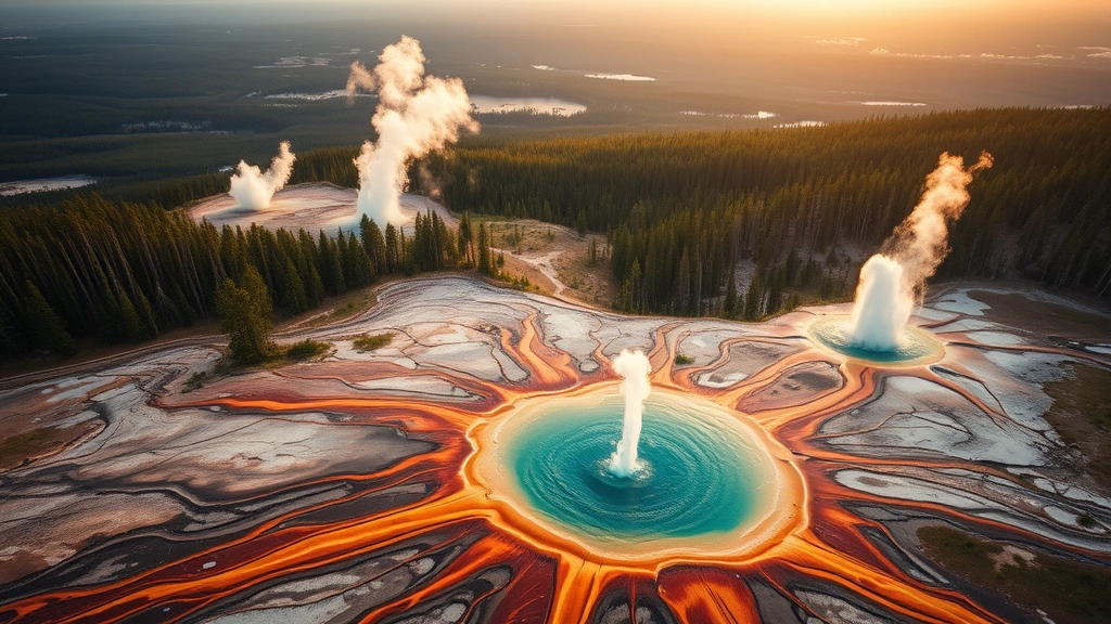 Aerial view of geysers and hot springs at Yellowstone National Park, steaming water features surrounded by colorful mineral deposits and forest landscape, golden hour lighting, photorealistic