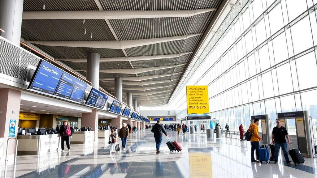 Bozeman Yellowstone International Airport terminal interior with modern architecture, check-in counters, departure boards, travelers with luggage, bright natural lighting, contemporary design