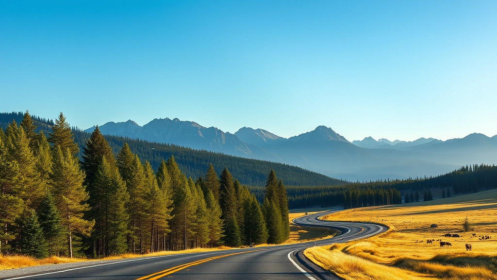 Scenic mountain road leading toward Yellowstone with dense pine forest, mountain peaks in distance, clear blue sky, winding highway, wildlife visible in meadow, golden afternoon light, photorealistic