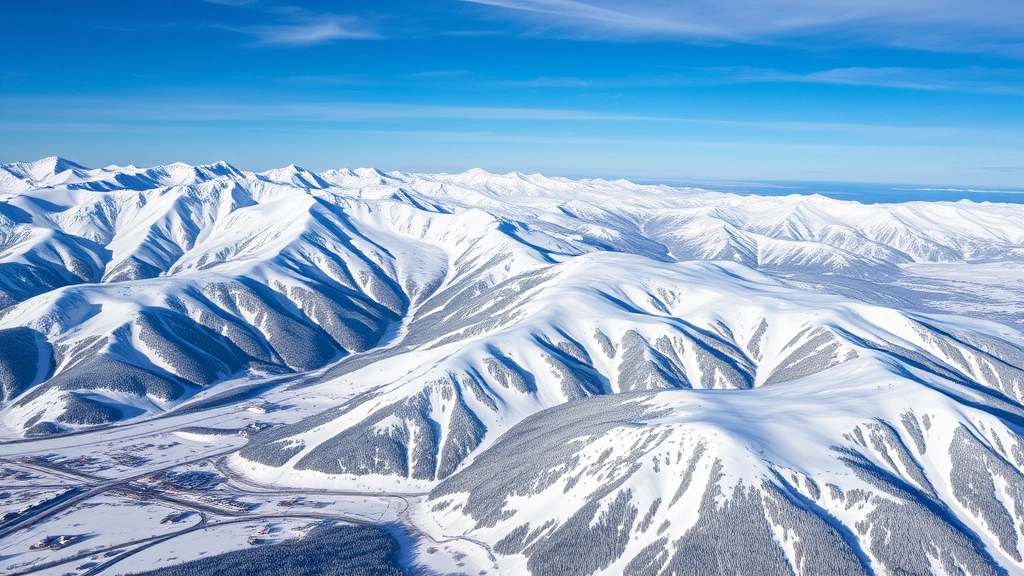 Aerial view of snow-covered Rocky Mountains near Vail Colorado with ski runs visible, pristine white peaks under blue sky, winter landscape photography