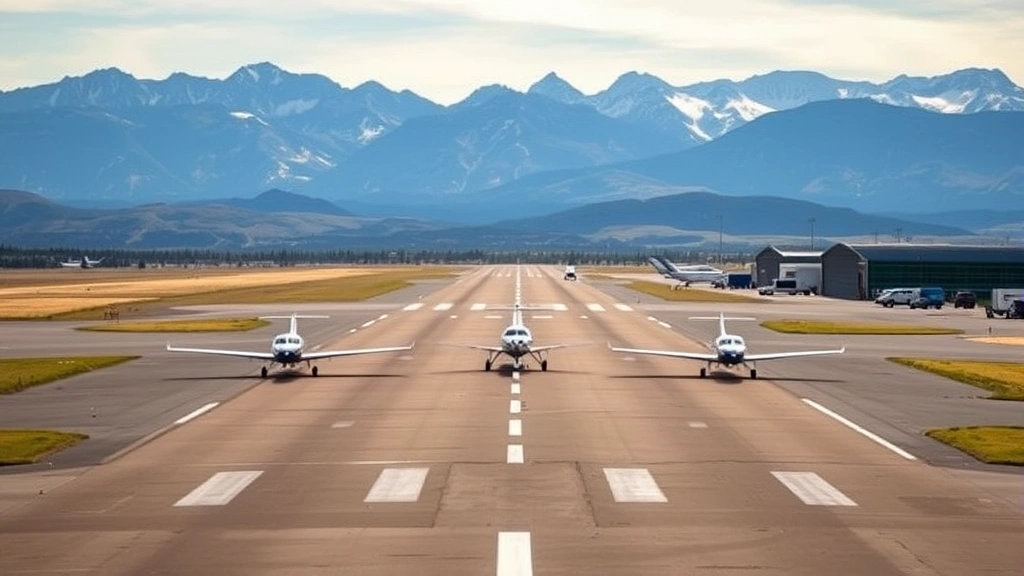 Eagle County Regional Airport runway with mountains in background, small aircraft parked at gates, Colorado alpine terrain, professional aviation photography