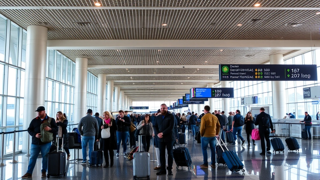 Denver International Airport terminal interior with travelers checking luggage and boarding passes, modern airport architecture, busy travel hub atmosphere