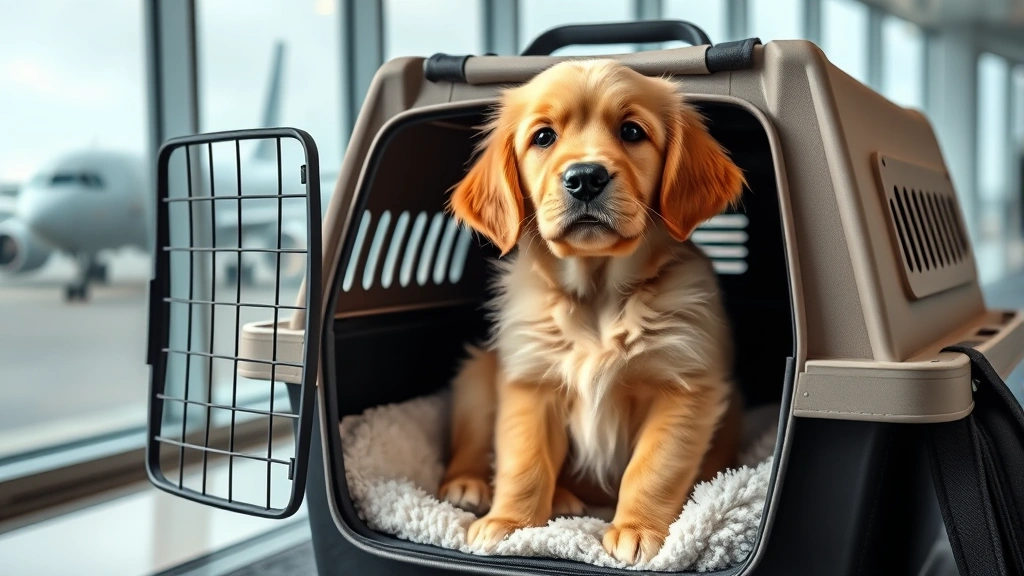 Golden retriever puppy sitting calmly inside airline-approved pet carrier with soft bedding, airport terminal background with large windows showing aircraft outside, professional pet travel setup