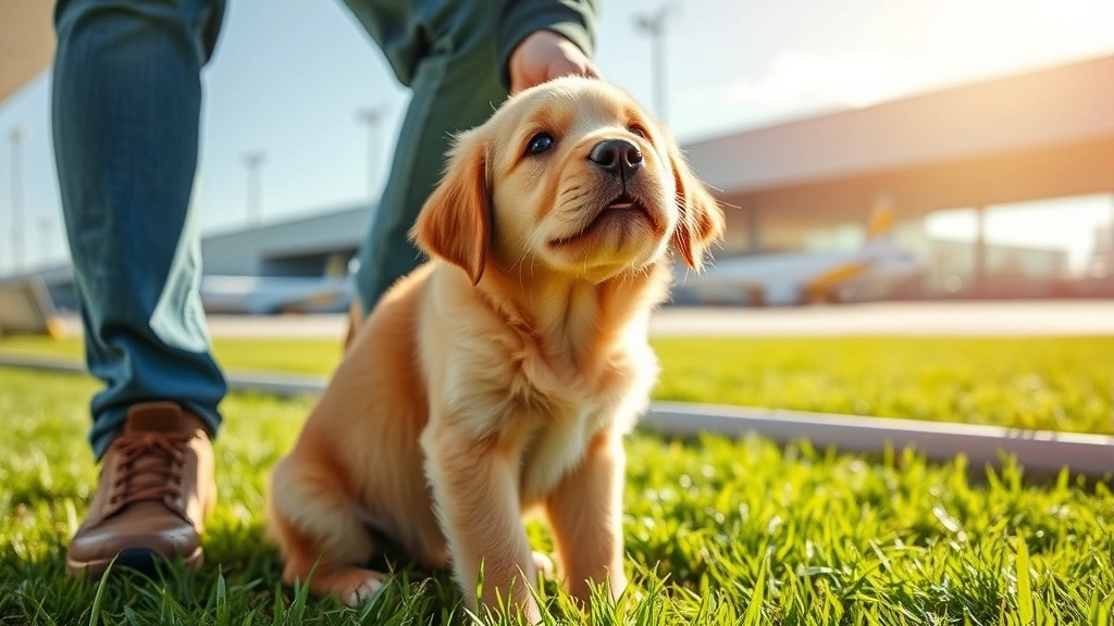 Young golden retriever puppy being gently petted by owner in airport pet relief area with green grass, modern airport terminal building visible, sunny weather, puppy appears relaxed and content