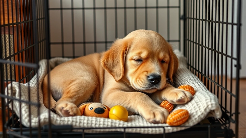 Golden retriever puppy resting peacefully in comfortable crate with blanket and toys, home environment, soft natural lighting, showing proper crate training setup and puppy comfort