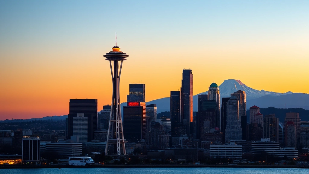 Seattle Space Needle and downtown skyline at sunset with Puget Sound water in foreground, vibrant evening light reflecting off modern buildings, Mount Rainier visible in distance