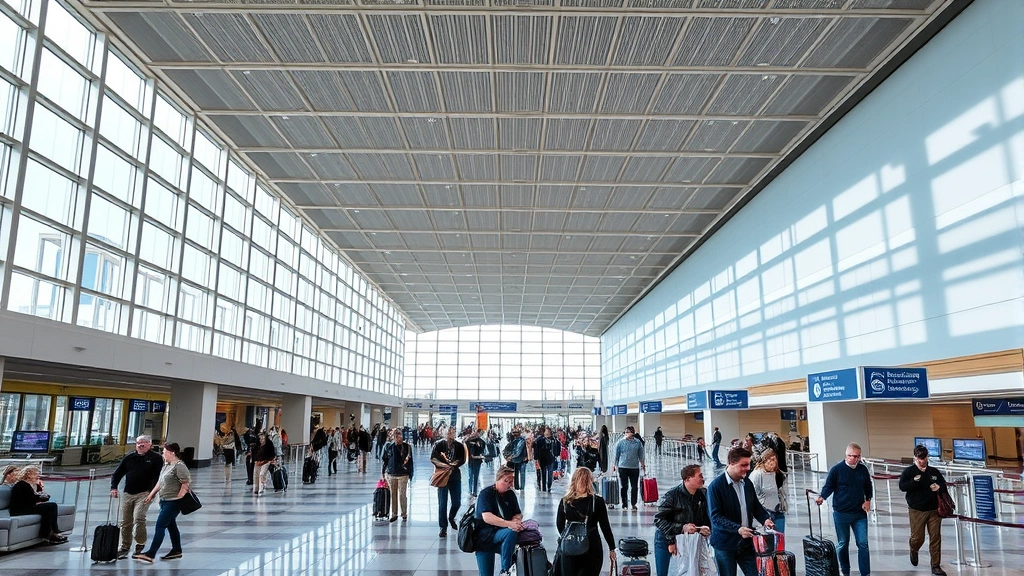Houston George Bush Intercontinental Airport modern terminal interior with travelers, bright natural lighting, contemporary architecture, bustling check-in and gate areas