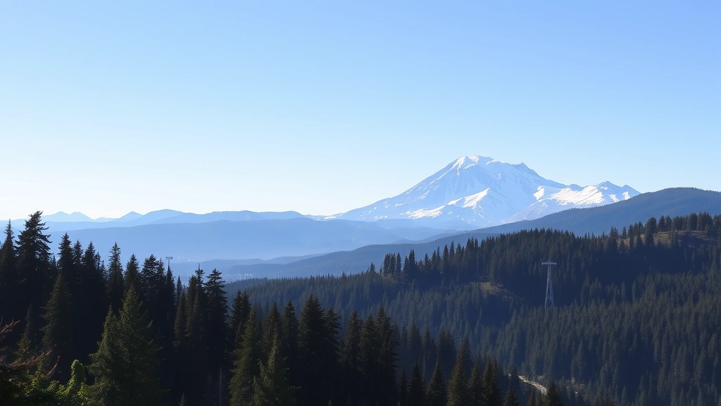 Pacific Northwest landscape featuring evergreen forests, mountain peaks, and clear blue sky, dramatic natural scenery typical of Seattle region travel destination