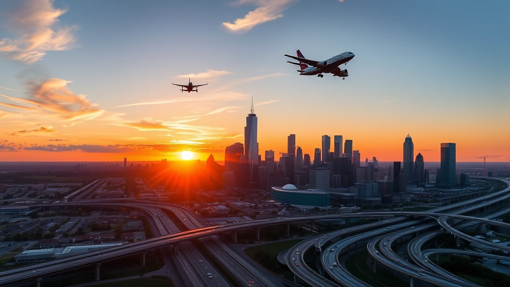 Aerial view of Houston skyline at sunset with highways and commercial aircraft flying overhead, photorealistic urban landscape