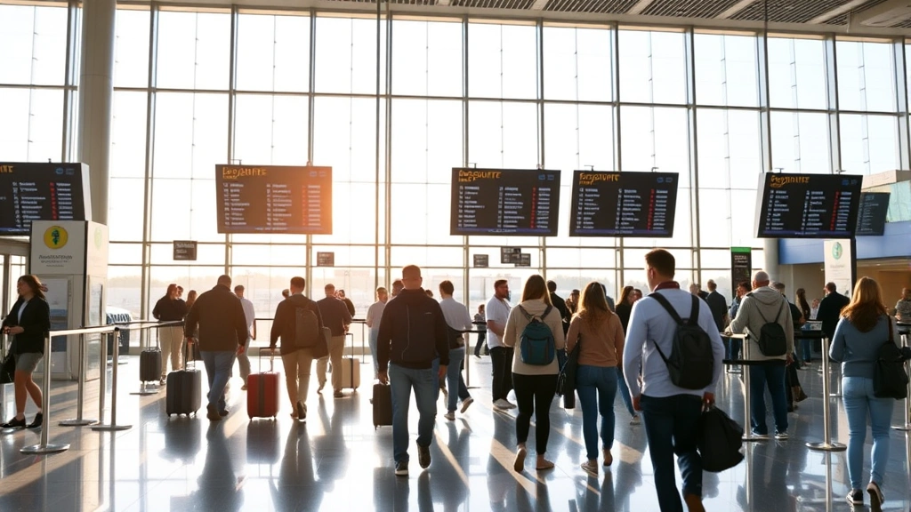 Modern airport terminal with travelers checking departure boards, bright natural lighting through large windows, busy but organized atmosphere