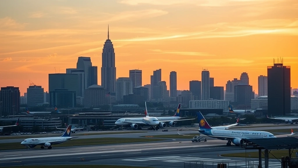 Atlanta skyline featuring downtown skyscrapers and Hartsfield-Jackson airport tarmac with multiple aircraft, golden hour lighting