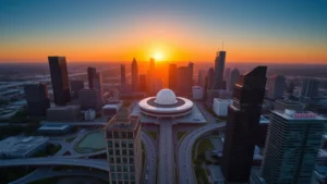 Aerial view of Houston skyline with Space Center dome visible, highways stretching toward sunset, modern buildings reflecting golden light, clear Texas sky
