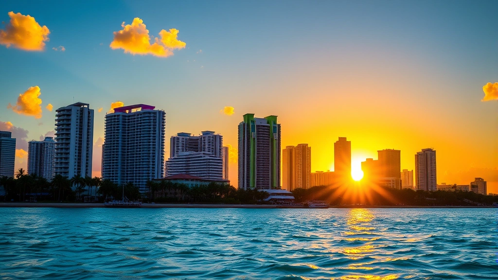 Vibrant Miami skyline at sunset with turquoise ocean and colorful Art Deco buildings reflecting golden hour light, palm trees silhouetted