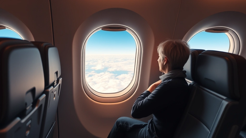 Modern airplane cabin interior during flight with passenger seated by window viewing clouds below, warm cabin lighting, comfortable seating