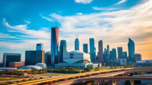 Vibrant Houston skyline with Space Center NASA dome visible, modern skyscrapers reflecting blue sky, busy urban landscape with highways
