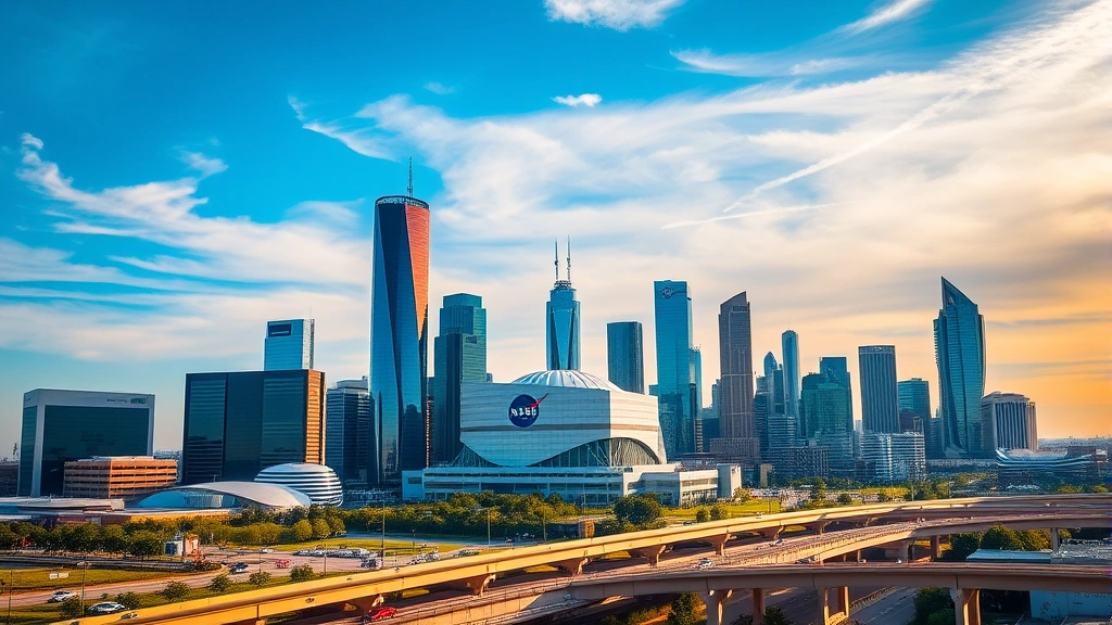Vibrant Houston skyline with Space Center NASA dome visible, modern skyscrapers reflecting blue sky, busy urban landscape with highways