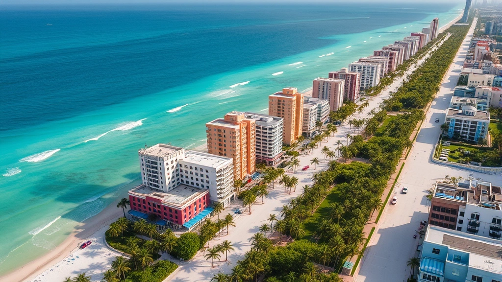Aerial view of Miami Beach with turquoise Atlantic waters, colorful Art Deco buildings, white sandy beaches, palm trees lining streets, tropical paradise
