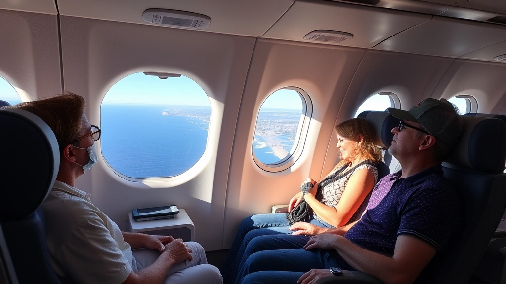 Passengers relaxing in modern aircraft cabin during daytime flight with window showing Pacific Ocean and distant coastline, comfortable seating arrangement