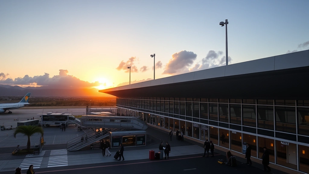 Honolulu International Airport terminal at sunset with modern architecture, Hawaiian landscape backdrop, travelers arriving with luggage and tropical scenery beyond