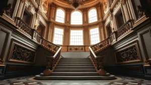 Photorealistic wide-angle shot of grand European palace staircase with ornate railings, marble steps, and dramatic lighting from tall windows, no people visible, architectural detail focus