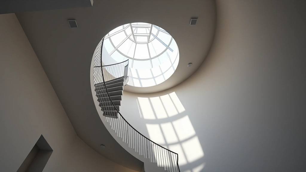 Photorealistic photograph of modern spiral staircase in contemporary building with minimalist design, clean lines, natural light from above creating shadows on steps, architectural composition