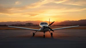 Cessna 172 single-engine aircraft parked on tarmac at sunrise with mountains in background, professional aviation photography