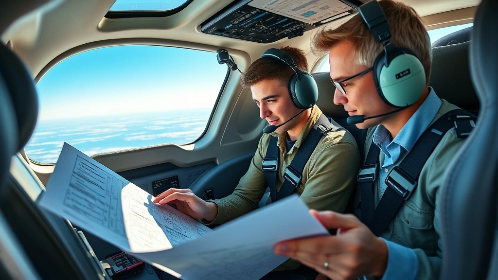 Flight instructor and student pilot reviewing navigation charts and flight plan in bright cockpit of training aircraft