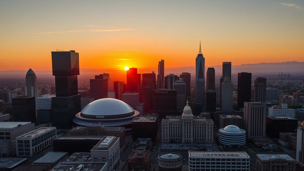 Aerial view of Los Angeles downtown skyline at sunset with Crypto.com Arena visible among modern skyscrapers and downtown buildings